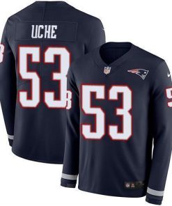 Nike New England Patriots #53 Josh Uche Navy Blue Team Color Men's Stitched NFL Limited Therma Long Sleeve Jersey Men's