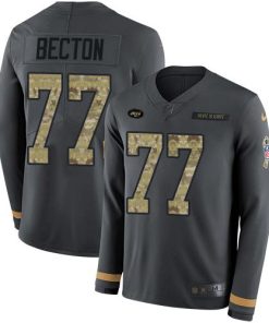 Nike New York Jets #77 Mekhi Becton Anthracite Salute to Service Men's Stitched NFL Limited Therma Long Sleeve Jersey Men's