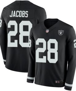 Nike Raiders #28 Josh Jacobs Black Team Color Men's Stitched NFL Limited Therma Long Sleeve Jersey