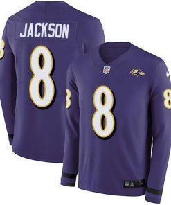 Nike Ravens #8 Lamar Jackson Purple Team Color Men's Stitched NFL Limited Therma Long Sleeve Jersey