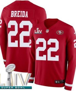Nike San Francisco 49ers #22 Matt Breida Red Super Bowl LIV 2020 Team Color Men's Stitched NFL Limited Therma Long Sleeve Jersey Men's