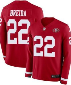 Nike San Francisco 49ers #22 Matt Breida Red Team Color Men's Stitched NFL Limited Therma Long Sleeve Jersey Men's