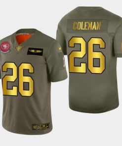 Nike San Francisco 49ers #26 Tevin Coleman Men's Olive Gold 2019 Salute to Service NFL 100 Limited Jersey Men's