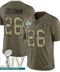 Nike San Francisco 49ers #26 Tevin Coleman Olive/Camo Super Bowl LIV 2020 Men's Stitched NFL Limited 2017 Salute To Service Jersey Men's