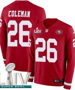 Nike San Francisco 49ers #26 Tevin Coleman Red Super Bowl LIV 2020 Team Color Men's Stitched NFL Limited Therma Long Sleeve Jersey Men's