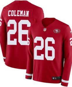 Nike San Francisco 49ers #26 Tevin Coleman Red Team Color Men's Stitched NFL Limited Therma Long Sleeve Jersey Men's