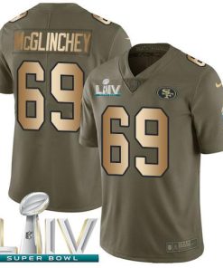 Nike San Francisco 49ers #69 Mike McGlinchey Olive/Gold Super Bowl LIV 2020 Men's Stitched NFL Limited 2017 Salute To Service Jersey Men's