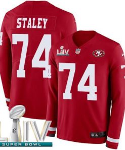 Nike San Francisco 49ers #74 Joe Staley Red Super Bowl LIV 2020 Team Color Men's Stitched NFL Limited Therma Long Sleeve Jersey Men's