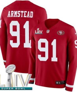 Nike San Francisco 49ers #91 Arik Armstead Red Super Bowl LIV 2020 Team Color Men's Stitched NFL Limited Therma Long Sleeve Jersey Men's