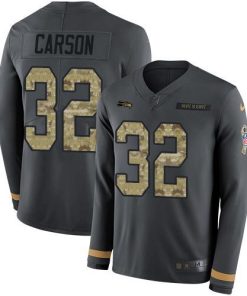 Nike Seattle Seahawks #32 Chris Carson Anthracite Salute to Service Men's Stitched NFL Limited Therma Long Sleeve Jersey Men's