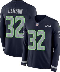 Nike Seattle Seahawks #32 Chris Carson Steel Blue Team Color Men's Stitched NFL Limited Therma Long Sleeve Jersey Men's