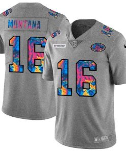 San Francisco 49ers #16 Joe Montana Men's Nike Multi-Color 2020 NFL Crucial Catch NFL Jersey Greyheather