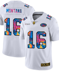 San Francisco 49ers #16 Joe Montana Men's White Nike Multi-Color 2020 NFL Crucial Catch Limited NFL Jersey